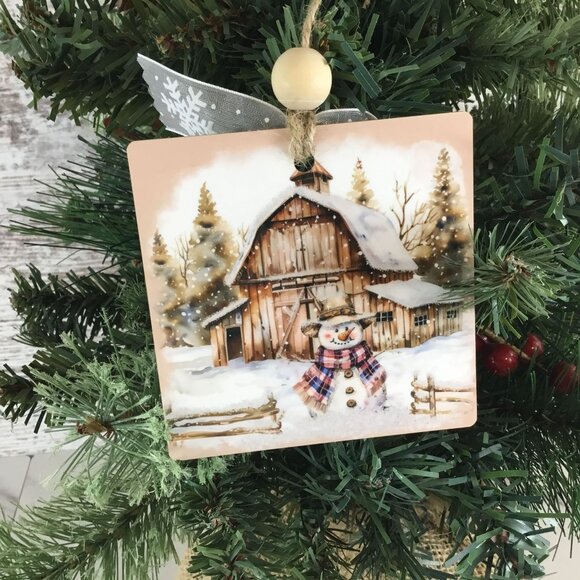 Rustic Country Snowman 3.5" Wooden Christmas Ornament - Picture 3 of 6